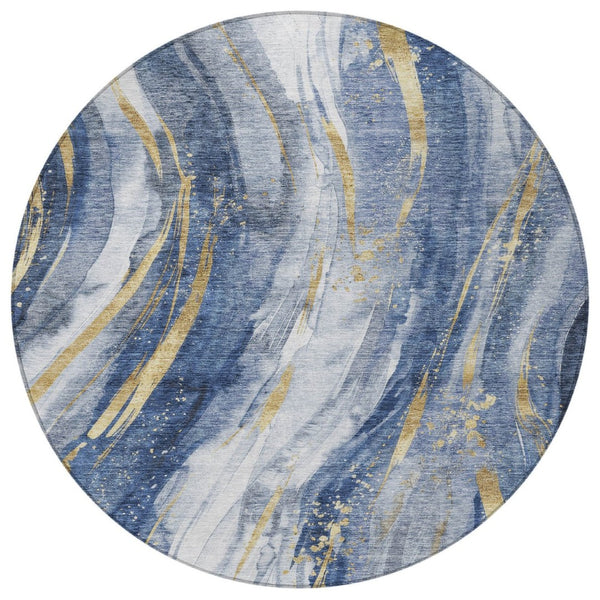 HomeRoots 5' Modern Blue Gold Ivory Abstract Washable Area Rug for Indoor Outdoor High-Traffic Spaces 8' Round 617427