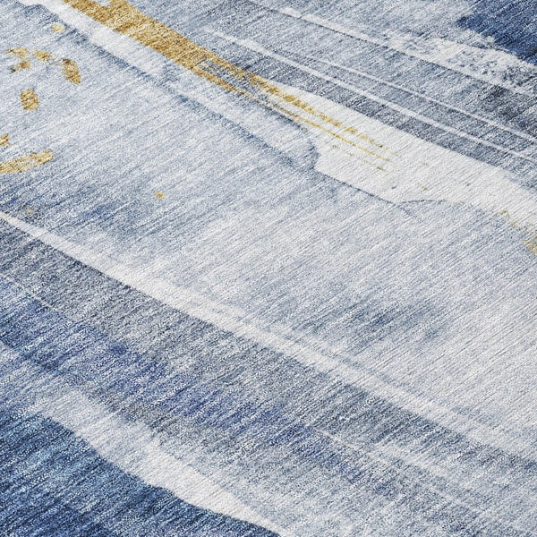 HomeRoots 5' Modern Blue Gold Ivory Abstract Washable Area Rug for Indoor Outdoor High-Traffic Spaces 8' Round 617427