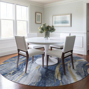 HomeRoots 5' Modern Blue Gold Ivory Abstract Washable Area Rug for Indoor Outdoor High-Traffic Spaces 8' Round 617427