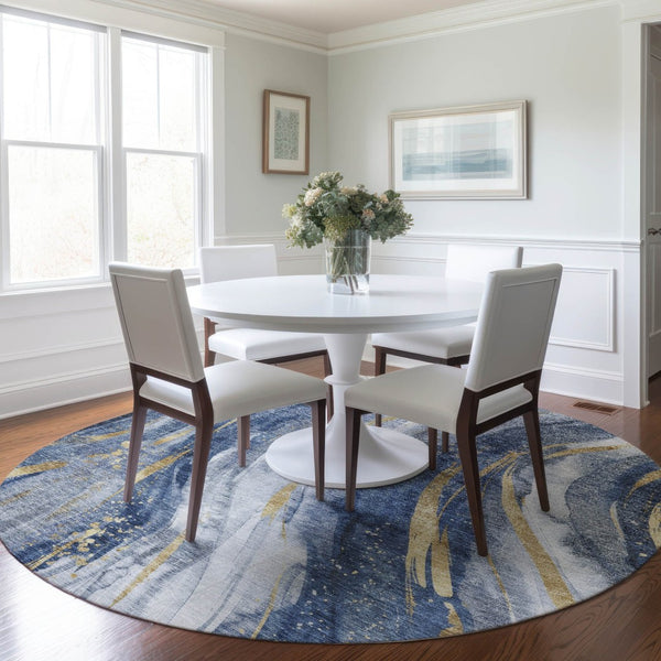 HomeRoots 5' Modern Blue Gold Ivory Abstract Washable Area Rug for Indoor Outdoor High-Traffic Spaces 8' Round 617427