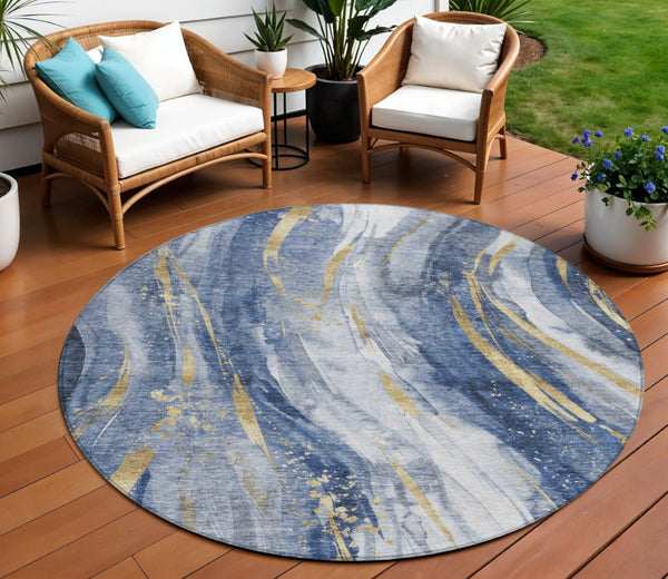 HomeRoots 5' Modern Blue Gold Ivory Abstract Washable Area Rug for Indoor Outdoor High-Traffic Spaces 8' Round 617427