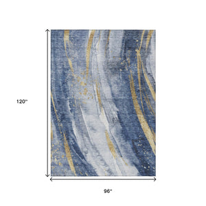 HomeRoots 5' Modern Blue Gold Ivory Abstract Washable Area Rug for Indoor Outdoor High-Traffic Spaces 8' X 10' 617428
