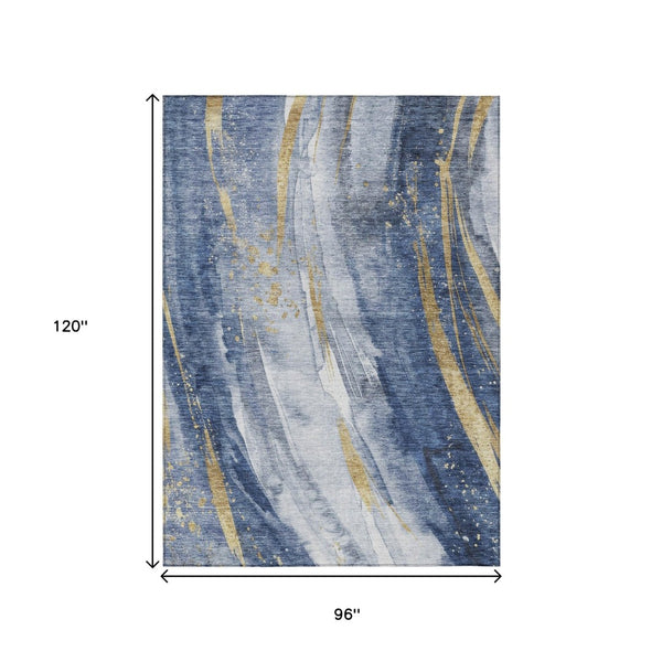 HomeRoots 5' Modern Blue Gold Ivory Abstract Washable Area Rug for Indoor Outdoor High-Traffic Spaces 8' X 10' 617428