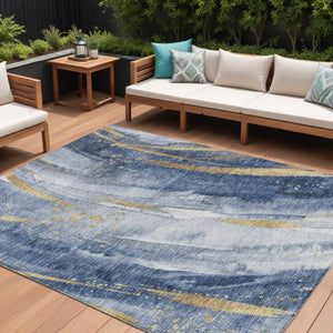 HomeRoots 5' Modern Blue Gold Ivory Abstract Washable Area Rug for Indoor Outdoor High-Traffic Spaces 9' X 12' 617429