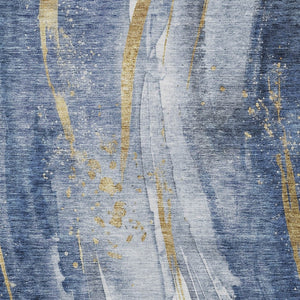 HomeRoots 5' Modern Blue Gold Ivory Abstract Washable Area Rug for Indoor Outdoor High-Traffic Spaces 9' X 12' 617429