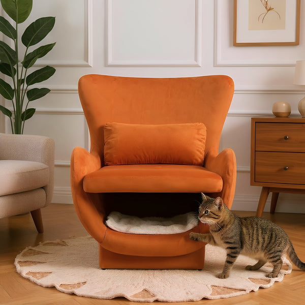English Elm Furniture Plush 2-in-1 Pet-Friendly Mid Century Modern Accent Chair with Velvet Upholstery, Removable Base and Ergonomic Support for Living Room Orange N843P331163S
