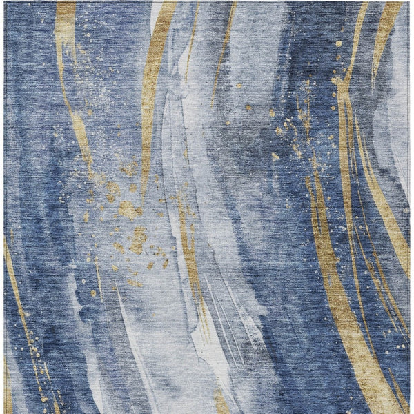 HomeRoots 5' Modern Blue Gold Ivory Abstract Washable Area Rug for Indoor Outdoor High-Traffic Spaces 10' X 14' 617430