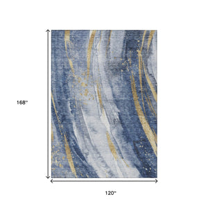 HomeRoots 5' Modern Blue Gold Ivory Abstract Washable Area Rug for Indoor Outdoor High-Traffic Spaces 10' X 14' 617430
