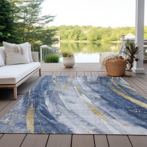 HomeRoots 5' Modern Blue Gold Ivory Abstract Washable Area Rug for Indoor Outdoor High-Traffic Spaces 10' X 14' 617430
