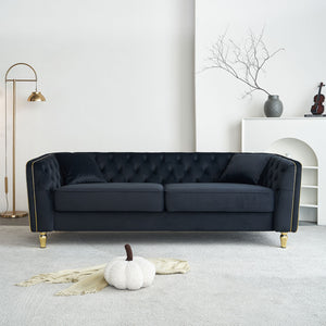 English Elm 87.01"W Modern Tufted Velvet Sofa with Gold Metal Legs, Stylish Accent Seating for Living Room Black W579S00040