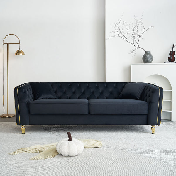 English Elm 87.01"W Modern Tufted Velvet Sofa with Gold Metal Legs, Stylish Accent Seating for Living Room Black W579S00040