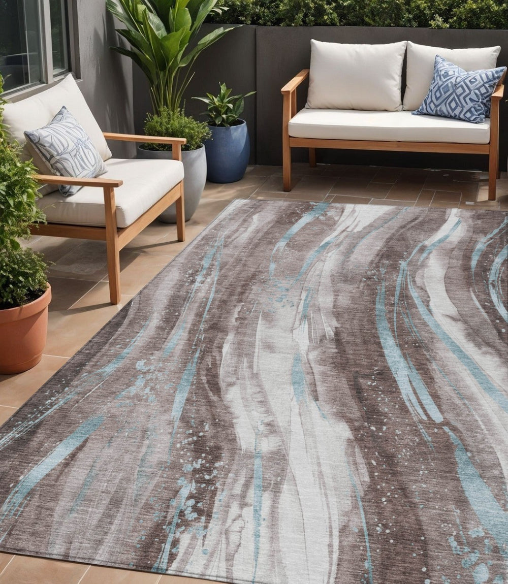 HomeRoots 5' Stylish Abstract Washable Area Rug in Taupe, Sky Blue & Ivory for Indoor/Outdoor Spaces 5' X 8' 617444
