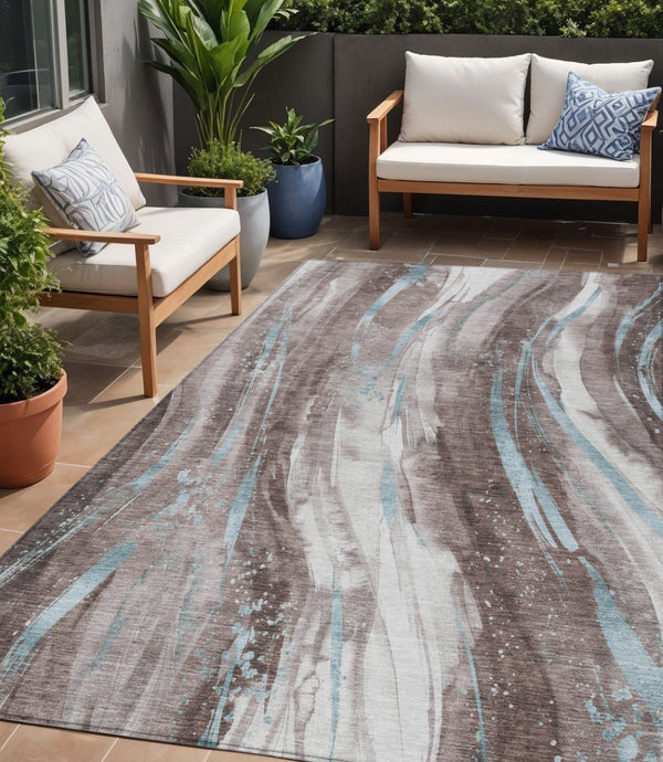 HomeRoots 5' Stylish Abstract Washable Area Rug in Taupe, Sky Blue & Ivory for Indoor/Outdoor Spaces 5' X 8' 617444