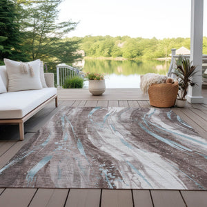 HomeRoots 5' Stylish Abstract Washable Area Rug in Taupe, Sky Blue & Ivory for Indoor/Outdoor Spaces 5' X 8' 617444