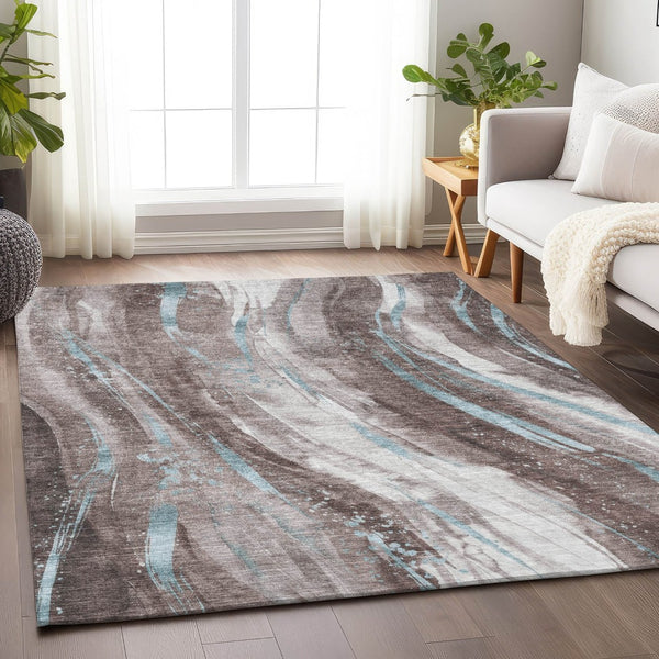 HomeRoots 5' Stylish Abstract Washable Area Rug in Taupe, Sky Blue & Ivory for Indoor/Outdoor Spaces 5' X 8' 617444