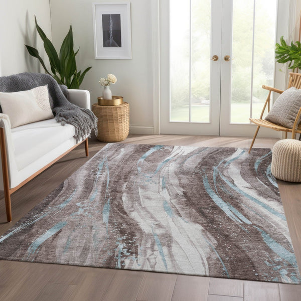 HomeRoots 5' Stylish Abstract Washable Area Rug in Taupe, Sky Blue & Ivory for Indoor/Outdoor Spaces 5' X 8' 617444