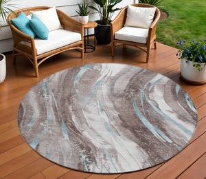 HomeRoots 5' Stylish Abstract Washable Area Rug in Taupe, Sky Blue & Ivory for Indoor/Outdoor Spaces 8' Round 617445