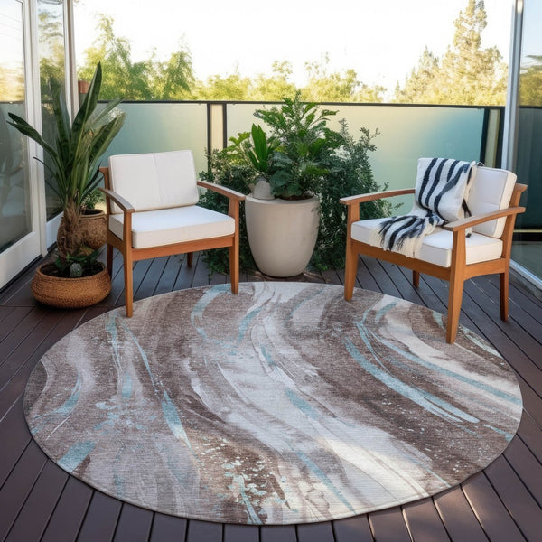 HomeRoots 5' Stylish Abstract Washable Area Rug in Taupe, Sky Blue & Ivory for Indoor/Outdoor Spaces 8' Round 617445