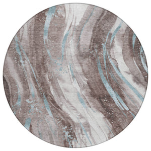 HomeRoots 5' Stylish Abstract Washable Area Rug in Taupe, Sky Blue & Ivory for Indoor/Outdoor Spaces 8' Round 617445