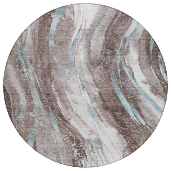 HomeRoots 5' Stylish Abstract Washable Area Rug in Taupe, Sky Blue & Ivory for Indoor/Outdoor Spaces 8' Round 617445