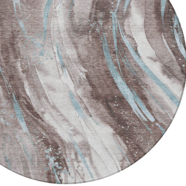 HomeRoots 5' Stylish Abstract Washable Area Rug in Taupe, Sky Blue & Ivory for Indoor/Outdoor Spaces 8' Round 617445