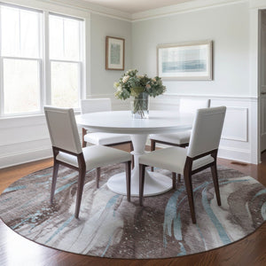 HomeRoots 5' Stylish Abstract Washable Area Rug in Taupe, Sky Blue & Ivory for Indoor/Outdoor Spaces 8' Round 617445