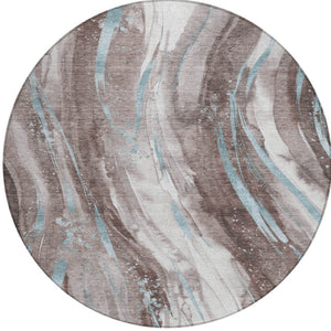 HomeRoots 5' Stylish Abstract Washable Area Rug in Taupe, Sky Blue & Ivory for Indoor/Outdoor Spaces 8' Round 617445
