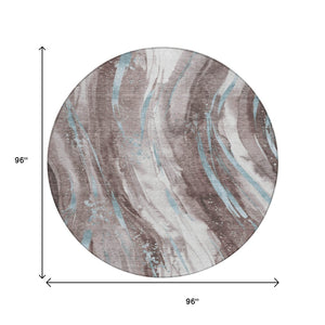 HomeRoots 5' Stylish Abstract Washable Area Rug in Taupe, Sky Blue & Ivory for Indoor/Outdoor Spaces 8' Round 617445