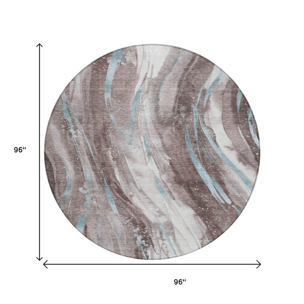 HomeRoots 5' Stylish Abstract Washable Area Rug in Taupe, Sky Blue & Ivory for Indoor/Outdoor Spaces 8' Round 617445