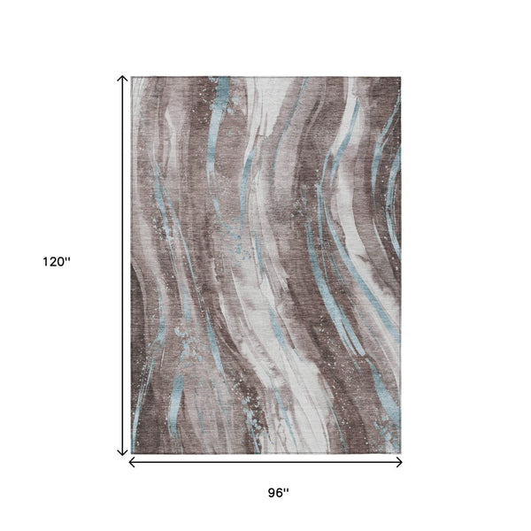 HomeRoots 5' Stylish Abstract Washable Area Rug in Taupe, Sky Blue & Ivory for Indoor/Outdoor Spaces 8' X 10' 617446