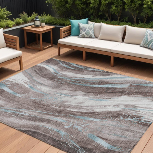 HomeRoots 9' X 12' Abstract Area Rug in Taupe & Sky Blue – Washable, Durable, Indoor/Outdoor Use, Perfect for Homes 617447