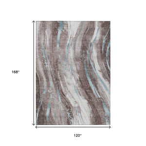 HomeRoots 5' Stylish Abstract Washable Area Rug in Taupe, Sky Blue & Ivory for Indoor/Outdoor Spaces 10' X 14' 617448