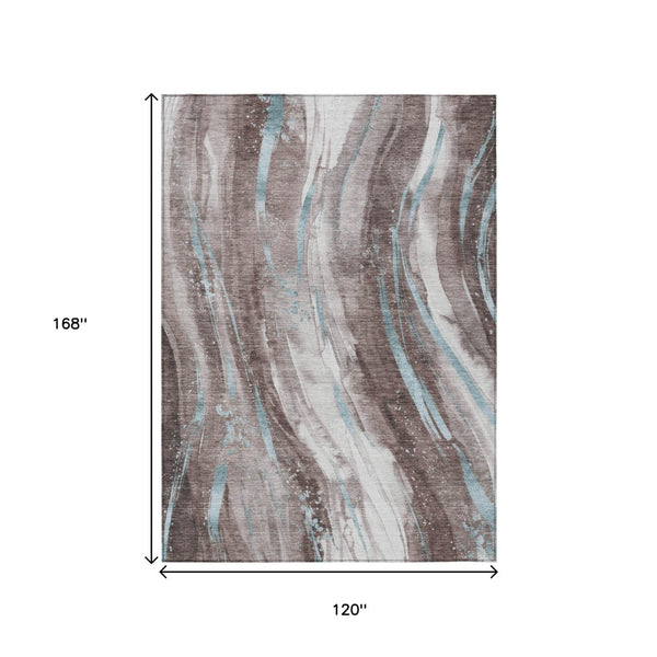 HomeRoots 5' Stylish Abstract Washable Area Rug in Taupe, Sky Blue & Ivory for Indoor/Outdoor Spaces 10' X 14' 617448