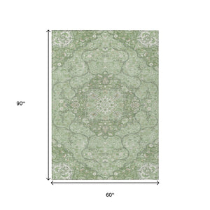 HomeRoots 5' Artichoke Green Medallion Area Rug - Stylish, Durable, Washable for Indoor & Outdoor Use 5' X 8' 617450