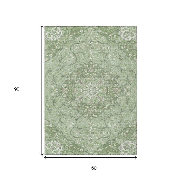 HomeRoots 5' Artichoke Green Medallion Area Rug - Stylish, Durable, Washable for Indoor & Outdoor Use 5' X 8' 617450