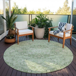 HomeRoots 5' Artichoke Green Medallion Area Rug - Stylish, Durable, Washable for Indoor & Outdoor Use 8' Round 617451