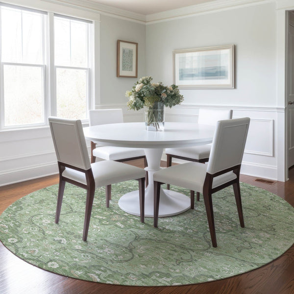 HomeRoots 5' Artichoke Green Medallion Area Rug - Stylish, Durable, Washable for Indoor & Outdoor Use 8' Round 617451