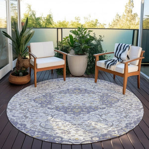 HomeRoots 5' Elegant Lavender and Ivory Medallion Area Rug – Durable, Washable Design for Indoor and Outdoor Use 8' Round 617463