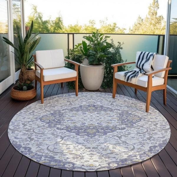 HomeRoots 5' Elegant Lavender and Ivory Medallion Area Rug – Durable, Washable Design for Indoor and Outdoor Use 8' Round 617463
