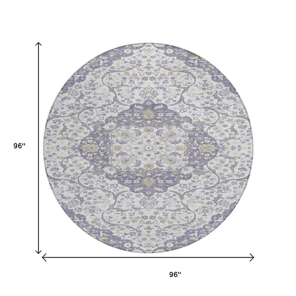HomeRoots 5' Elegant Lavender and Ivory Medallion Area Rug – Durable, Washable Design for Indoor and Outdoor Use 8' Round 617463