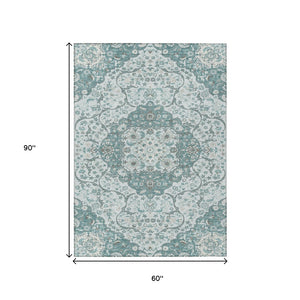 HomeRoots 5' Elegant Teal Blue and Ivory Medallion Area Rug - Durable, Washable Indoor/Outdoor Design for All Spaces 5' X 8' 617468