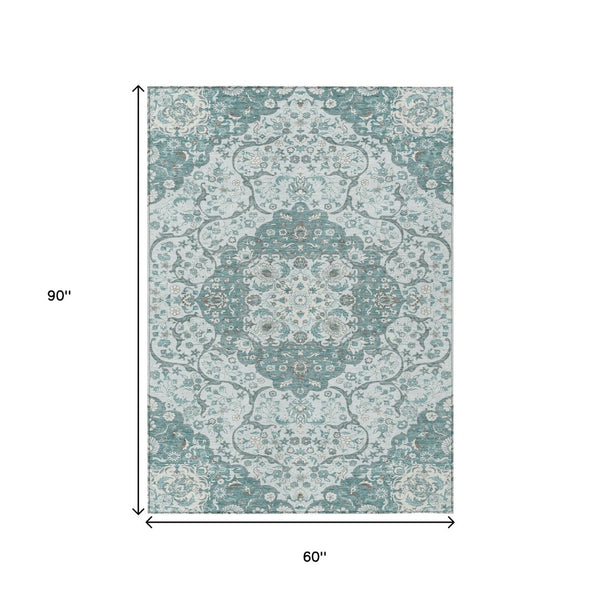 HomeRoots 5' Elegant Teal Blue and Ivory Medallion Area Rug - Durable, Washable Indoor/Outdoor Design for All Spaces 5' X 8' 617468