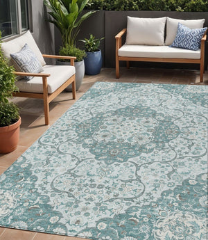 HomeRoots 5' Elegant Teal Blue and Ivory Medallion Area Rug - Durable, Washable Indoor/Outdoor Design for All Spaces 5' X 8' 617468