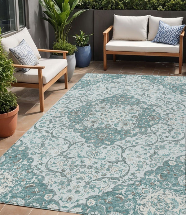 HomeRoots 5' Elegant Teal Blue and Ivory Medallion Area Rug - Durable, Washable Indoor/Outdoor Design for All Spaces 5' X 8' 617468