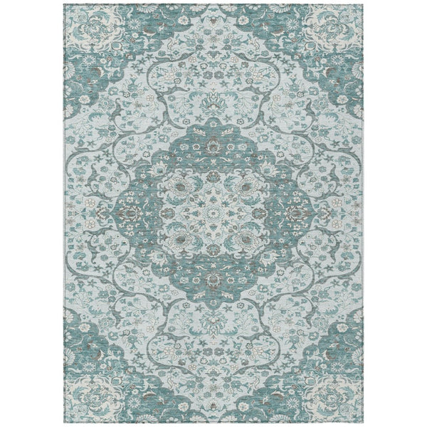 HomeRoots 5' Elegant Teal Blue and Ivory Medallion Area Rug - Durable, Washable Indoor/Outdoor Design for All Spaces 5' X 8' 617468