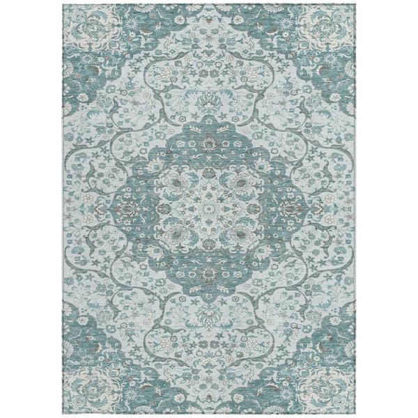 HomeRoots 5' Elegant Teal Blue and Ivory Medallion Area Rug - Durable, Washable Indoor/Outdoor Design for All Spaces 5' X 8' 617468