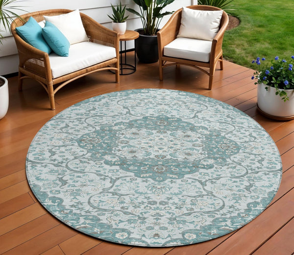 HomeRoots 5' Elegant Teal Blue and Ivory Medallion Area Rug - Durable, Washable Indoor/Outdoor Design for All Spaces 8' Round 617469
