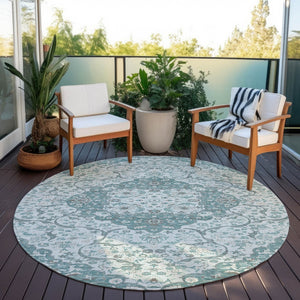 HomeRoots 5' Elegant Teal Blue and Ivory Medallion Area Rug - Durable, Washable Indoor/Outdoor Design for All Spaces 8' Round 617469
