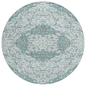 HomeRoots 5' Elegant Teal Blue and Ivory Medallion Area Rug - Durable, Washable Indoor/Outdoor Design for All Spaces 8' Round 617469