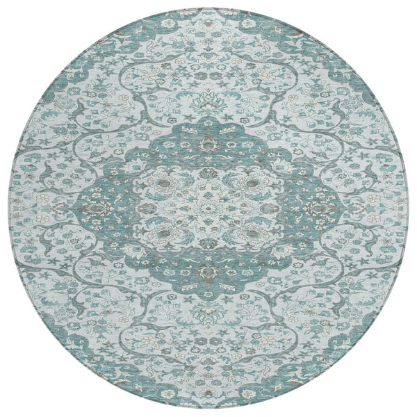 HomeRoots 5' Elegant Teal Blue and Ivory Medallion Area Rug - Durable, Washable Indoor/Outdoor Design for All Spaces 8' Round 617469